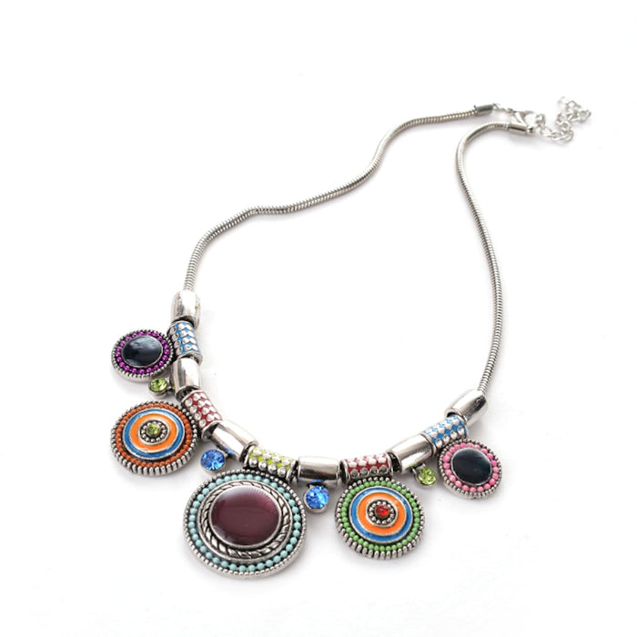 Colorful Circular Pendant Necklace: silver, purple pendant charm necklace, ornate bohemian style