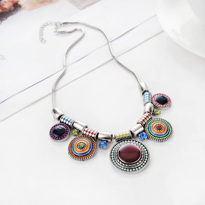 Colorful Circular Pendant Necklace: silver, purple pendant charm necklace, ornate bohemian style