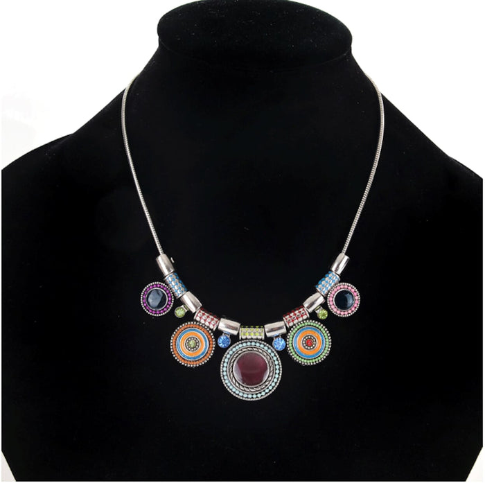 Colorful Circular Pendant Necklace: silver, purple pendant charm necklace, ornate bohemian style