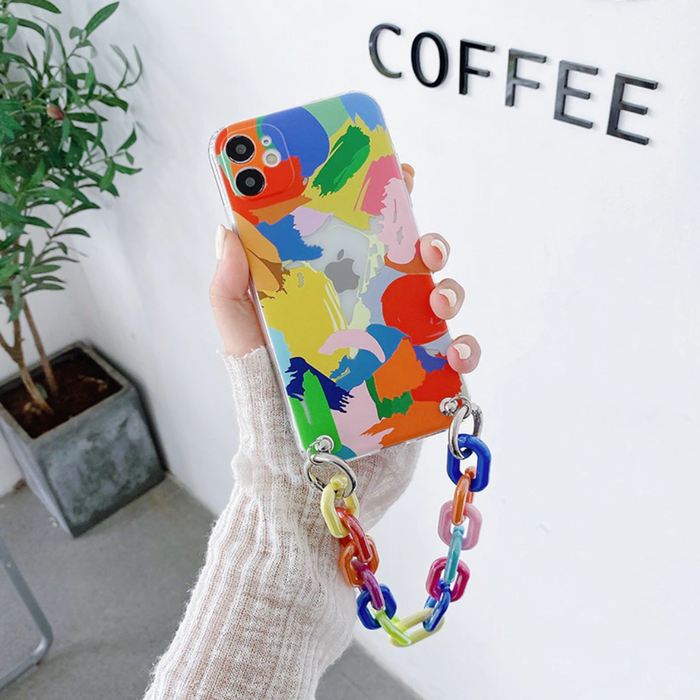 Colorful iPhone Case with Bracelet Chain, A Vibrant and Stylish Phone Accessory: multicolor, blue phone case with chain strap