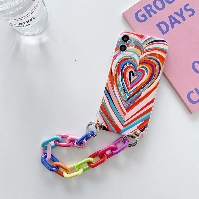 Colorful iPhone Case with Bracelet Chain, A Vibrant and Stylish Phone Accessory: multicolor, blue phone case with chain strap