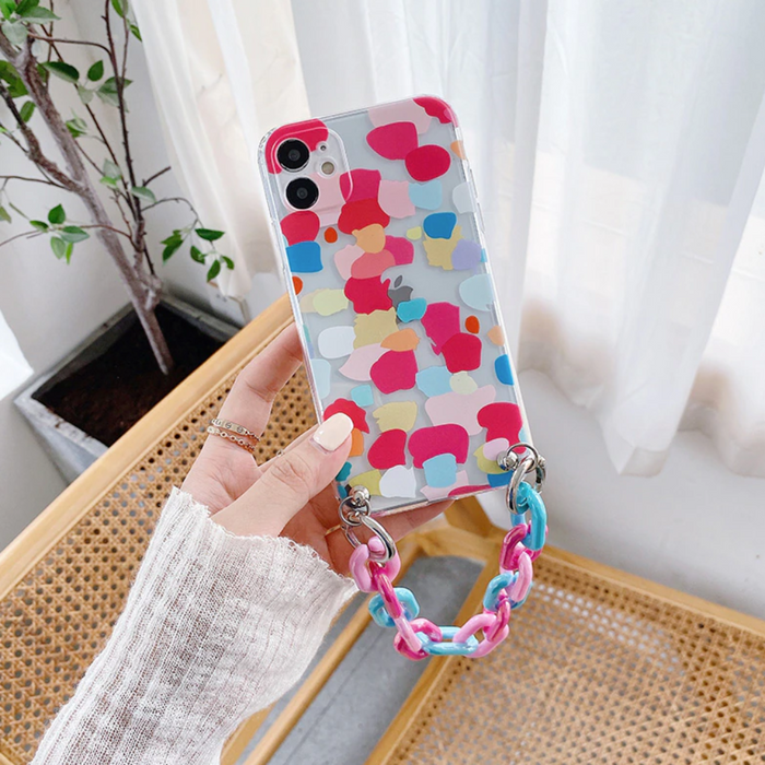 Colorful iPhone Case with Bracelet Chain, A Vibrant and Stylish Phone Accessory: multicolor, blue phone case with chain strap