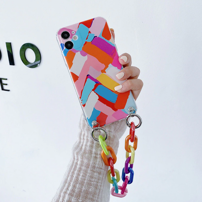Colorful iPhone Case with Bracelet Chain, A Vibrant and Stylish Phone Accessory: multicolor, blue phone case with chain strap