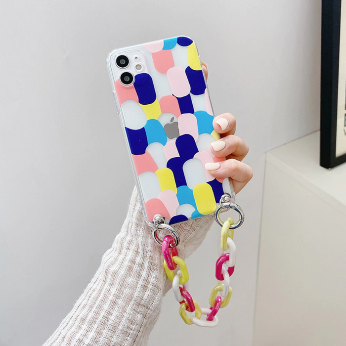 Colorful iPhone Case with Bracelet Chain, A Vibrant and Stylish Phone Accessory: multicolor, blue phone case with chain strap