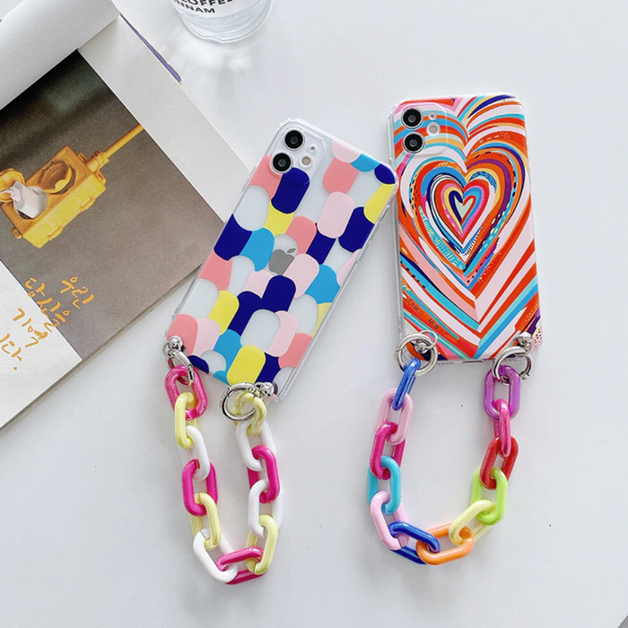 Colorful iPhone Case with Bracelet Chain, A Vibrant and Stylish Phone Accessory: multicolor, blue phone case with chain strap