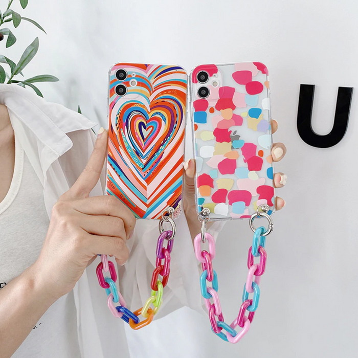 Colorful iPhone Case with Bracelet Chain, A Vibrant and Stylish Phone Accessory: multicolor, blue phone case with chain strap