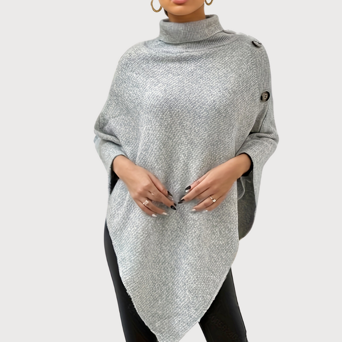 Comfortable Women's Poncho Sweater: light gray, black poncho-style knit top, minimal style
