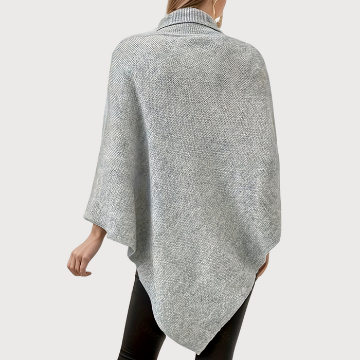Comfortable Women's Poncho Sweater: light gray, black poncho-style knit top, minimal style