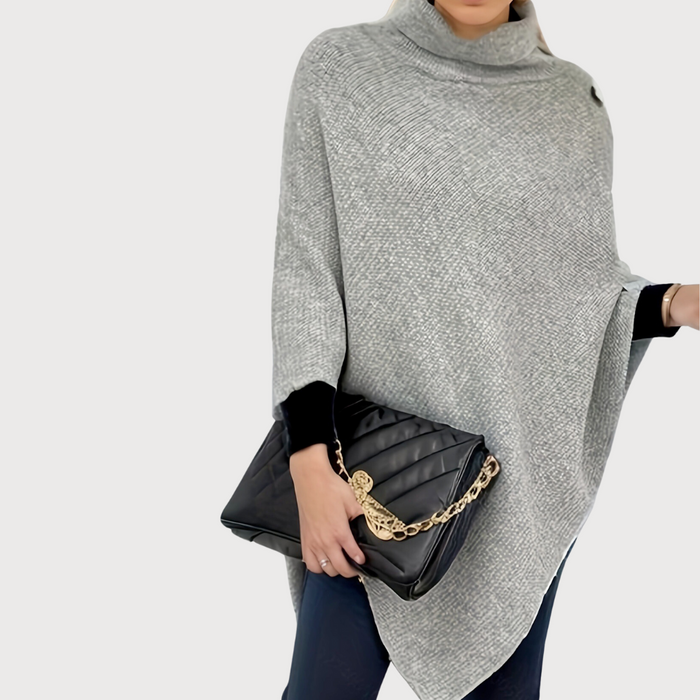 Comfortable Women's Poncho Sweater: light gray, black poncho-style knit top, minimal style