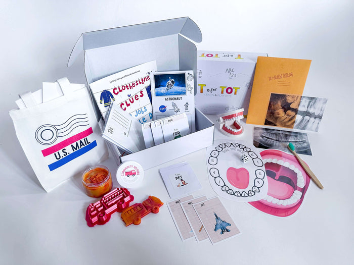 Kids' Community Helpers kit for ages 3-6, featuring dental x-rays, fire engine playdough cutter, homemade playdough, library card rhyming game, mailbag with letters, and a playdough mat for pretend dental activities.