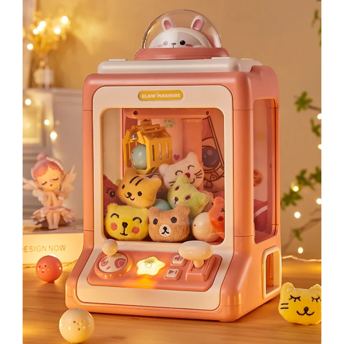 Compact Animated Entertainment Claw Game Device: pink, white cute animal characters, kawaii cartoon style