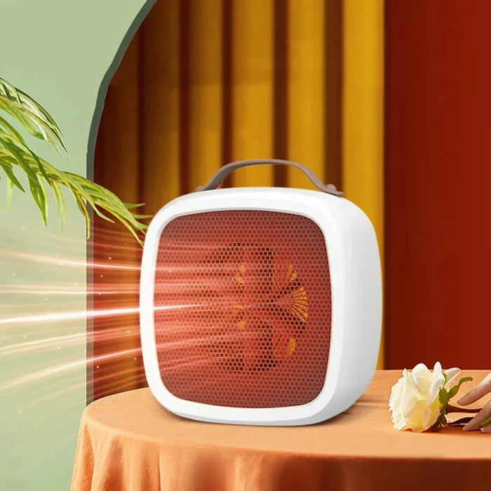 Compact Desktop Heater: white, reddish brown portable fan, minimal modern style