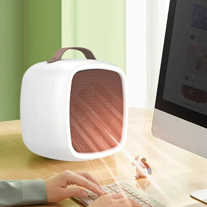 Compact Desktop Heater: white, reddish brown portable fan, minimal modern style