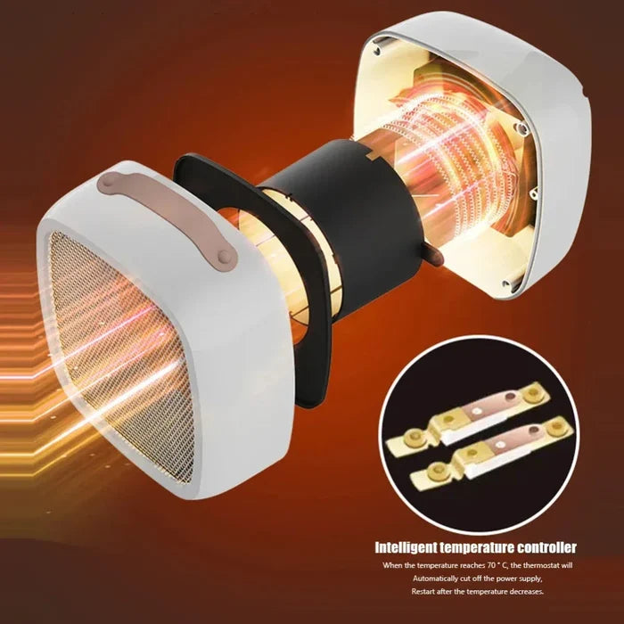 Compact Desktop Heater: white, reddish brown portable fan, minimal modern style