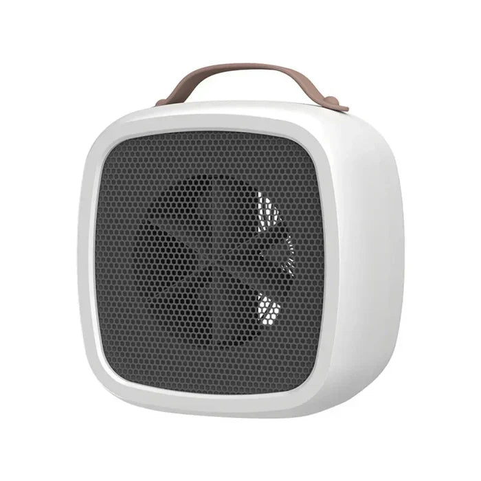 Compact Desktop Heater: white, reddish brown portable fan, minimal modern style