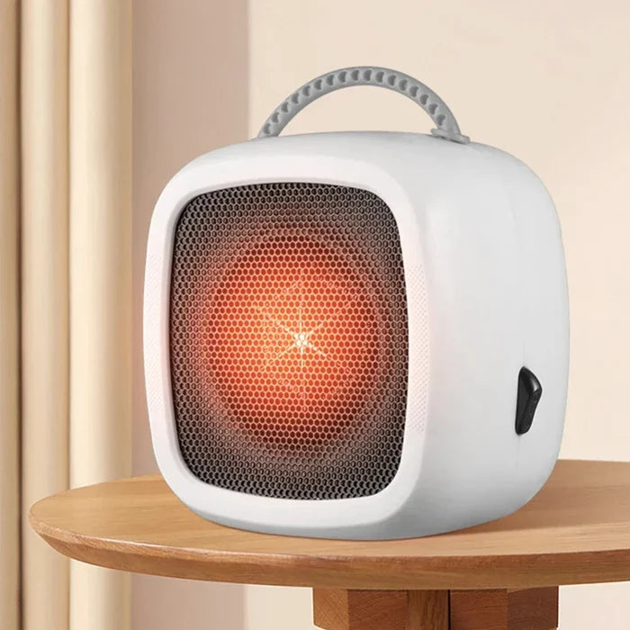 Compact Desktop Heater: white, reddish brown portable fan, minimal modern style