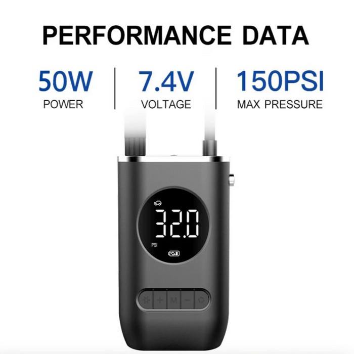 Compact Digital Wireless Air Compressor: black, dark gray portable electric air pump/inflator, minimal modern style