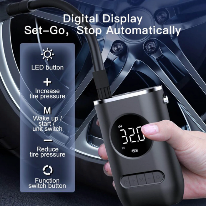 Compact Digital Wireless Air Compressor: black, dark gray portable electric air pump/inflator, minimal modern style