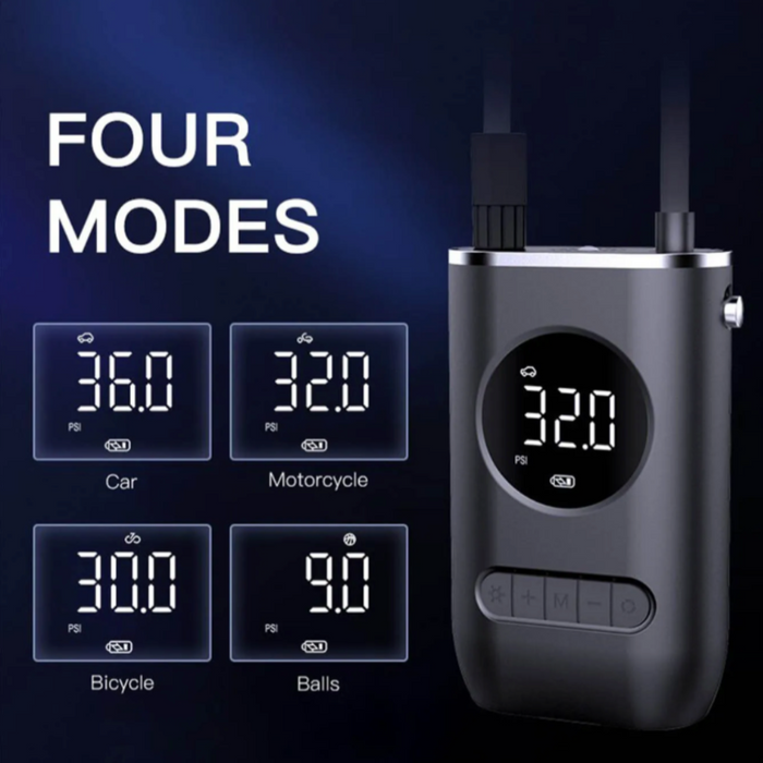 Compact Digital Wireless Air Compressor: black, dark gray portable electric air pump/inflator, minimal modern style