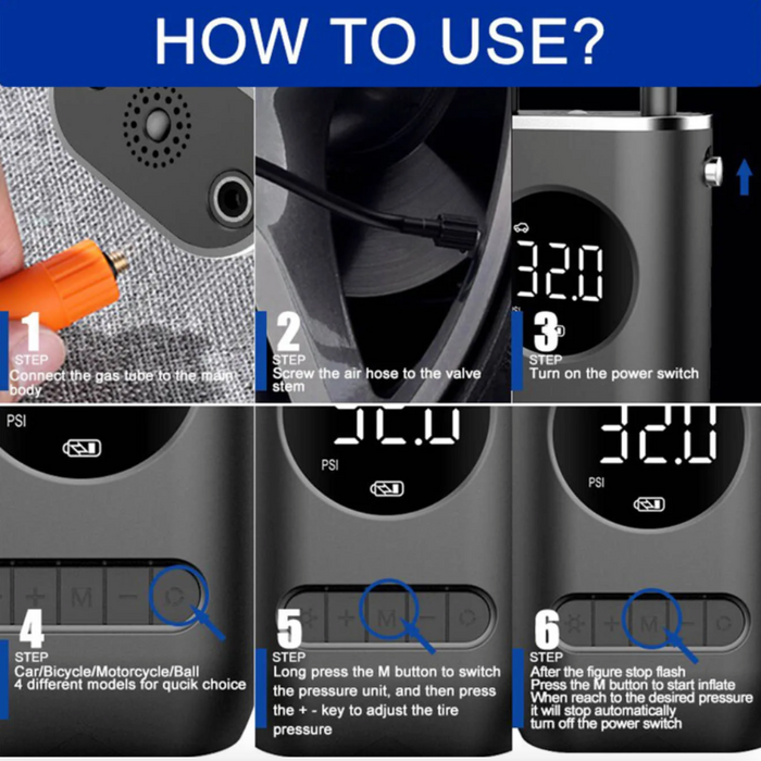 Compact Digital Wireless Air Compressor: black, dark gray portable electric air pump/inflator, minimal modern style