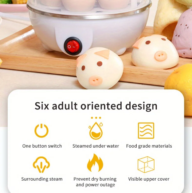 Compact Egg Cooker and Food Steamer: silver, white steaming basket with round buns, minimal food photography style