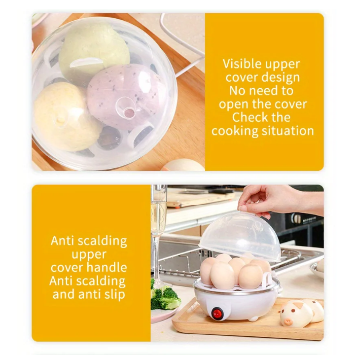 Compact Egg Cooker and Food Steamer: silver, white steaming basket with round buns, minimal food photography style
