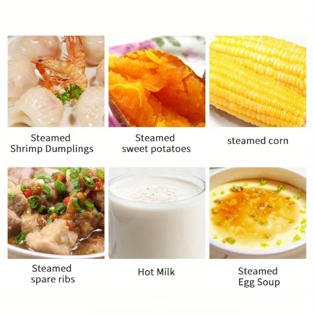 Compact Egg Cooker and Food Steamer: silver, white steaming basket with round buns, minimal food photography style