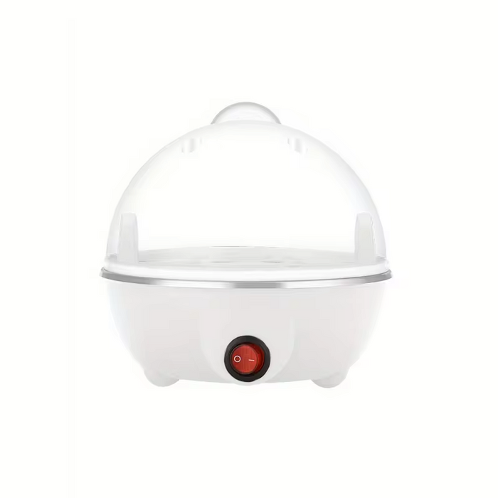 Compact Egg Cooker and Food Steamer: silver, white steaming basket with round buns, minimal food photography style