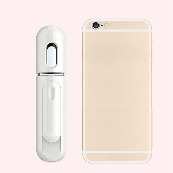 Compact Nano Facial Moisturizing Mist Sprayer: white, silver matching handheld cosmetic spray bottles, minimal style