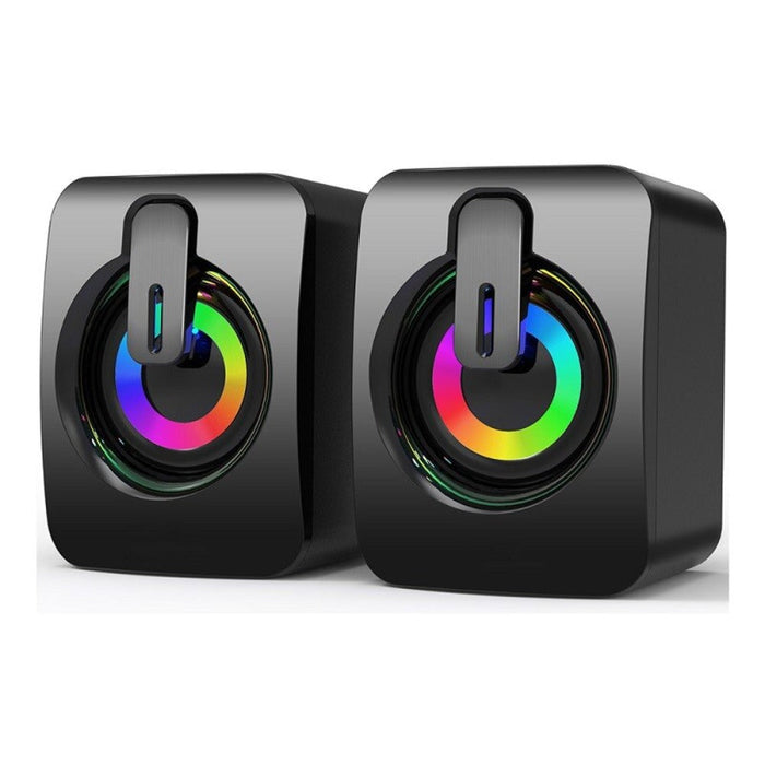 Compact RGB PC Speaker: black, dark blue pair of compact speakers, futuristic gaming style