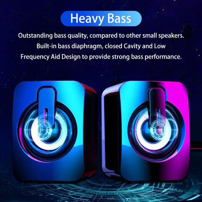 Compact RGB PC Speaker: black, dark blue pair of compact speakers, futuristic gaming style