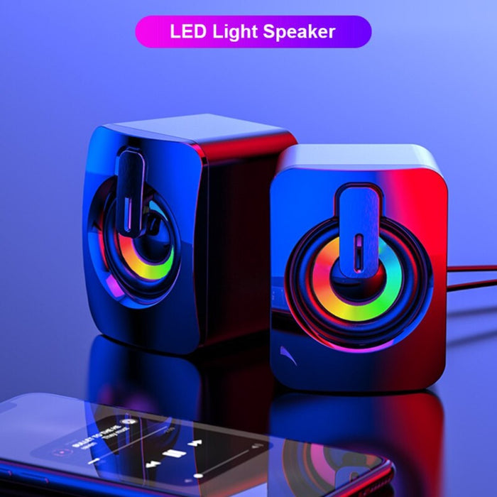 Compact RGB PC Speaker: black, dark blue pair of compact speakers, futuristic gaming style