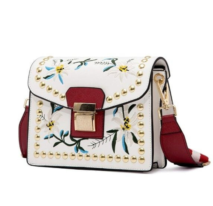 Compact Stitched Faux Leather Shoulder Purse: white, burgundy red floral and bee theme, decorative fashion style