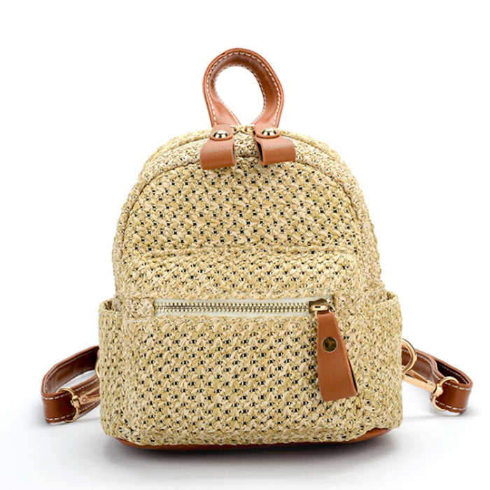 Compact Straw Backpack: beige, tan backpack, casual boho style