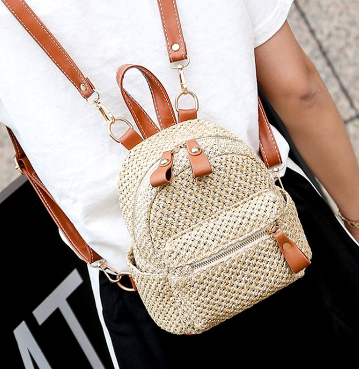 Compact Straw Backpack: beige, tan backpack, casual boho style