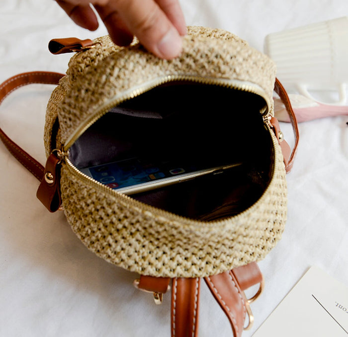 Compact Straw Backpack: beige, tan backpack, casual boho style