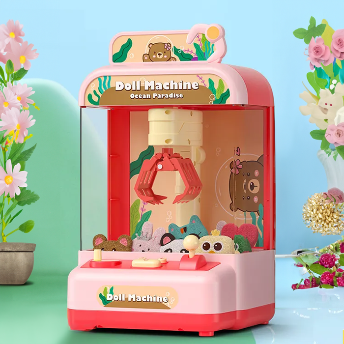 Compact Treasure Claw Game Machine: pink, red bear-themed, cute cartoon kawaii style