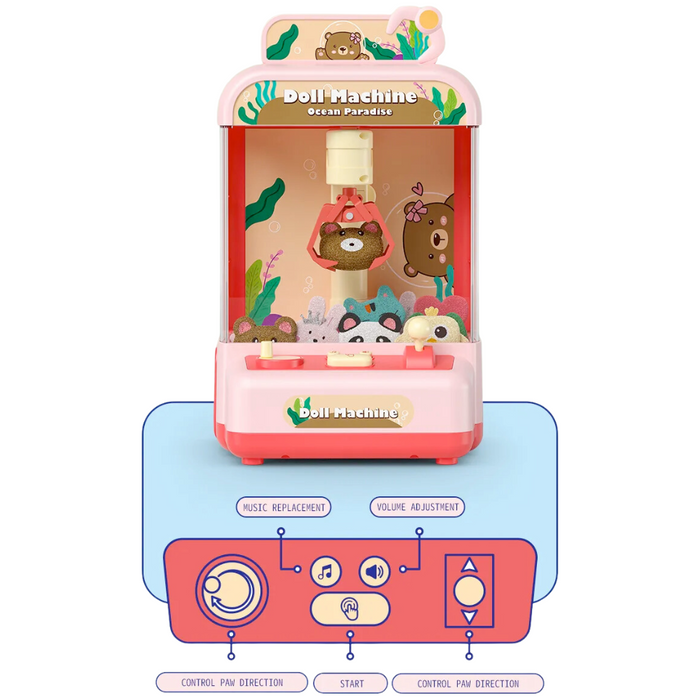 Compact Treasure Claw Game Machine: pink, red bear-themed, cute cartoon kawaii style