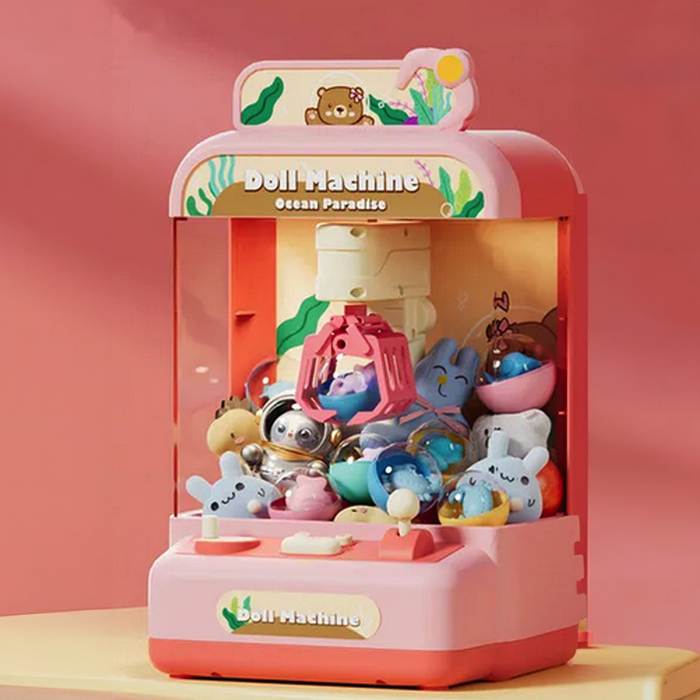 Compact Treasure Claw Game Machine: pink, red bear-themed, cute cartoon kawaii style