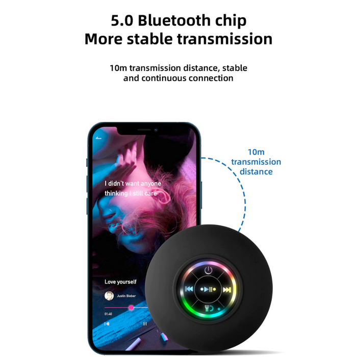 Compact Waterproof Bluetooth Speaker with RGB Lighting: black, multicolor rainbow lights wall-mounted circular control device