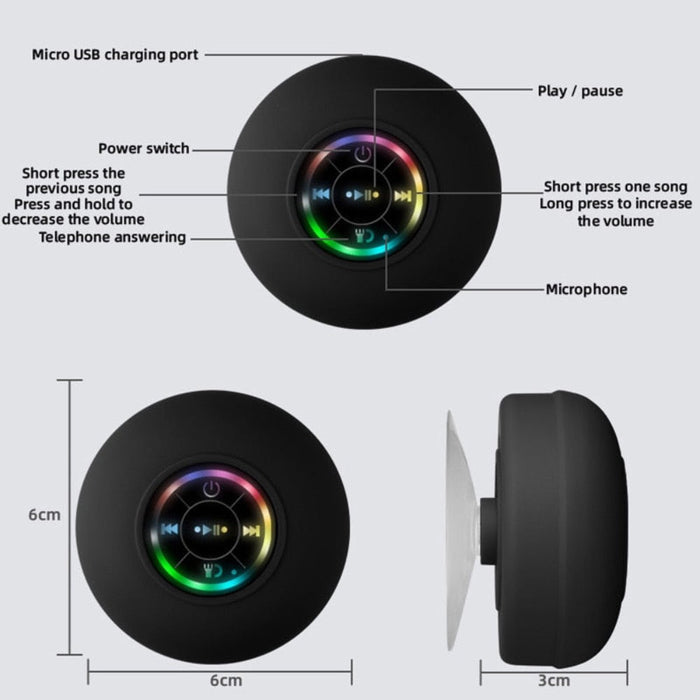 Compact Waterproof Bluetooth Speaker with RGB Lighting: black, multicolor rainbow lights wall-mounted circular control device