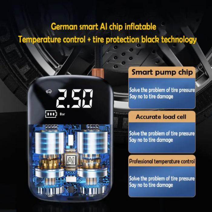 Compact Wireless Digital Air Pump: black, dark gray car tire and pump device, technical product advertisement style