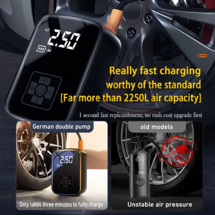 Compact Wireless Digital Air Pump: black, dark gray car tire and pump device, technical product advertisement style