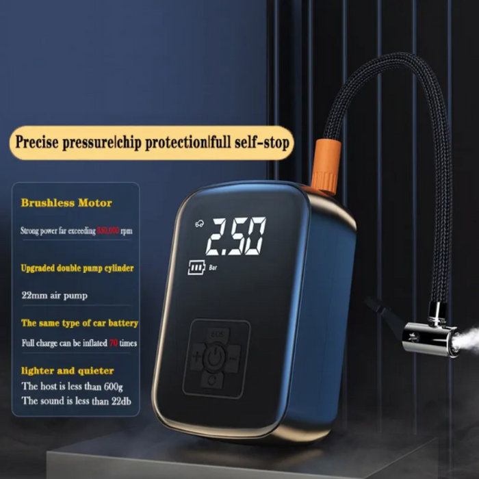 Compact Wireless Digital Air Pump: black, dark gray car tire and pump device, technical product advertisement style