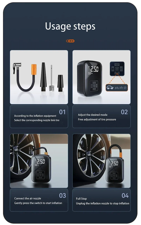 Compact Wireless Digital Air Pump: black, dark gray car tire and pump device, technical product advertisement style