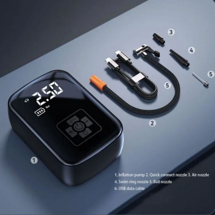 Compact Wireless Digital Air Pump: black, dark gray car tire and pump device, technical product advertisement style