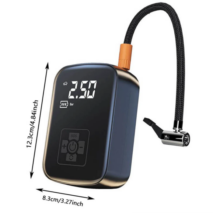 Compact Wireless Digital Air Pump: black, dark gray car tire and pump device, technical product advertisement style