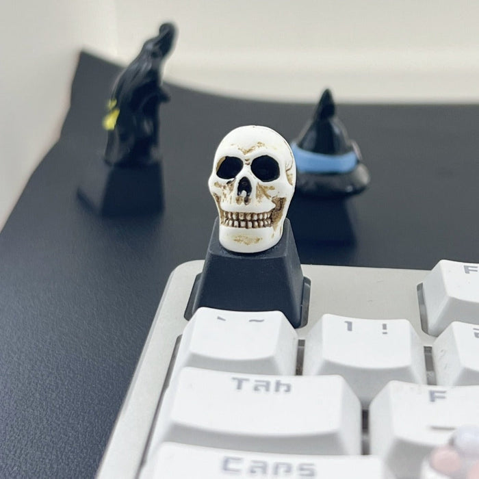 Computer Keycap with a Dark Skull Design: ivory white, black human skull, gothic style