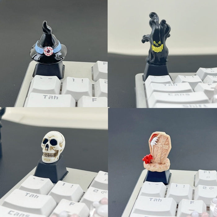 Computer Keycap with a Dark Skull Design: ivory white, black human skull, gothic style