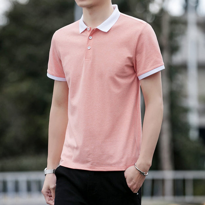 Contrast Collar Men's Polo Shirt: light pink, white short-sleeve polo shirt, minimal casual style